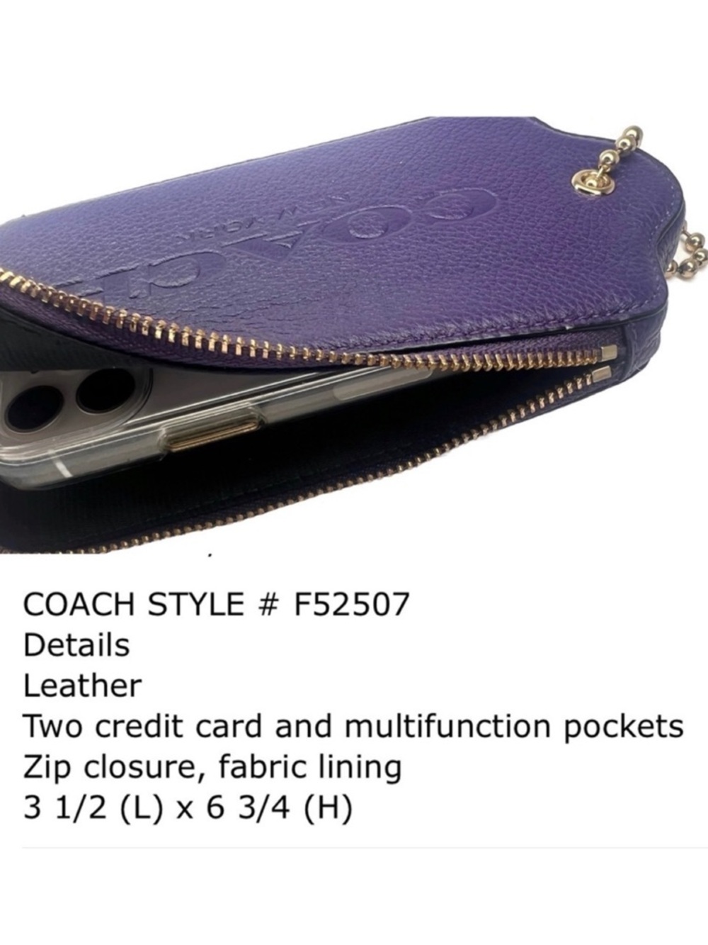 COACH HANGTAG WRISTLET MULTIFUNCTION CASE LEATHER F52390 PURPLE WALLET - Picture 2 of 13